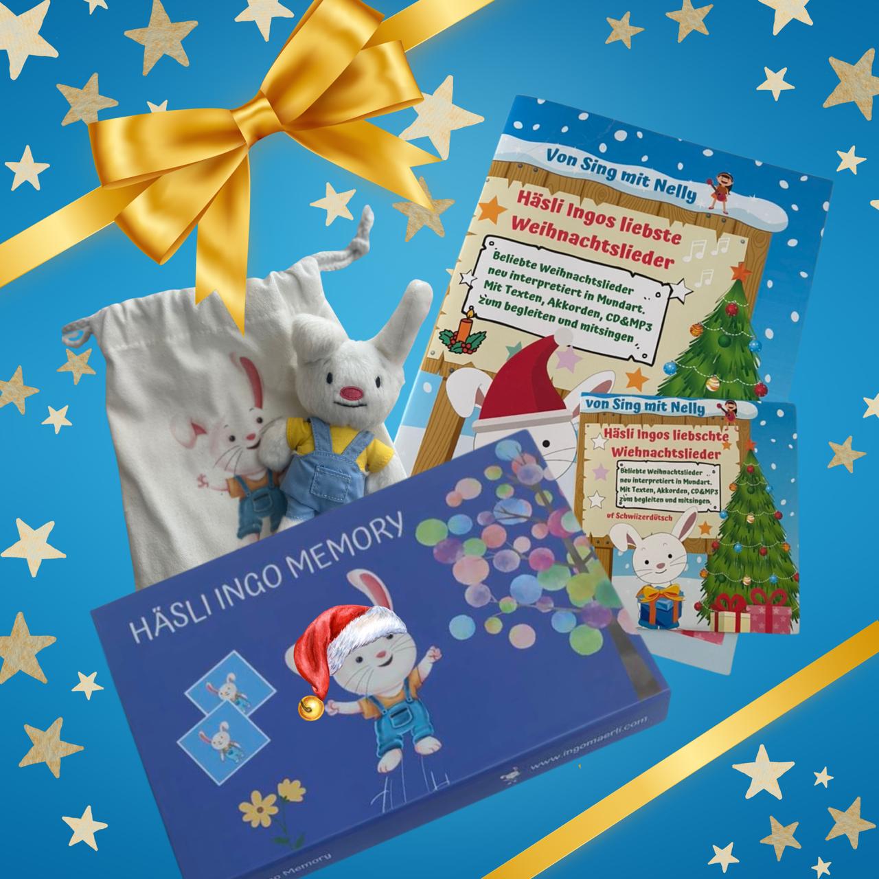 Haesli Ingo Weihnachts-Bundle mit Memory-Spiel, Kuscheltier, Liederbuch und CD – das perfekte Geschenk für kleine Haesli Ingo Fans zu Weihnachten
