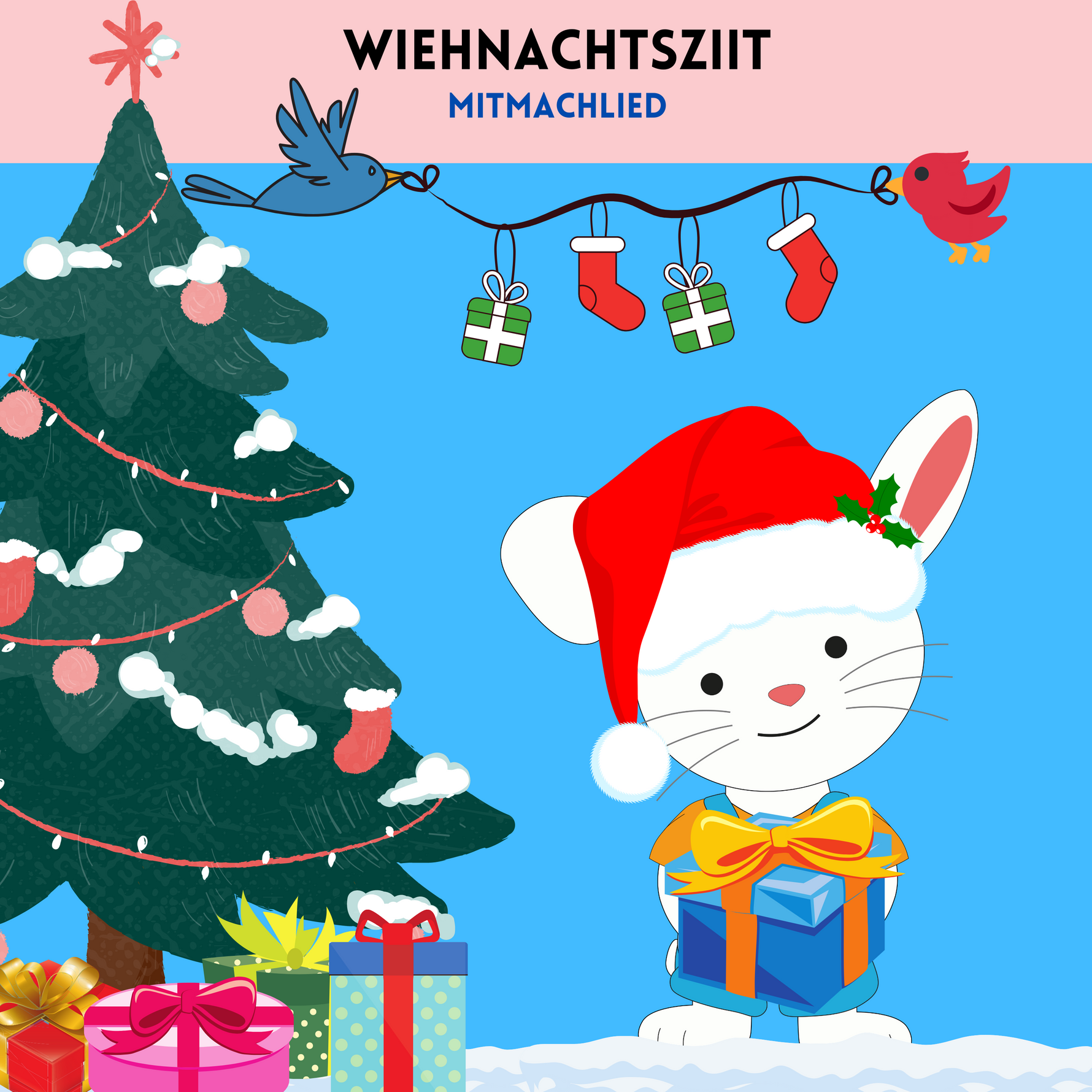Häsli Ingo mit Weihnachtsmütze hält ein Geschenk vor einem geschmückten Weihnachtsbaum. Über ihm hängen Weihnachtsstrümpfe und Geschenke, begleitet von Vögeln. Ein fröhliches, festliches Bild für die Weihnachtszeit.