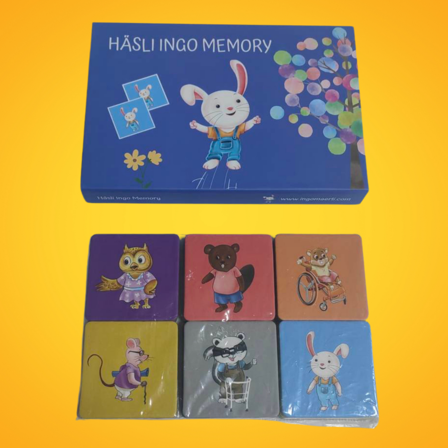 Häsli Ingo Memory Kartenspiel mit bunten Charakteren, inklusive Häsli Ingo, fördert das Gedächtnis von Kindern.