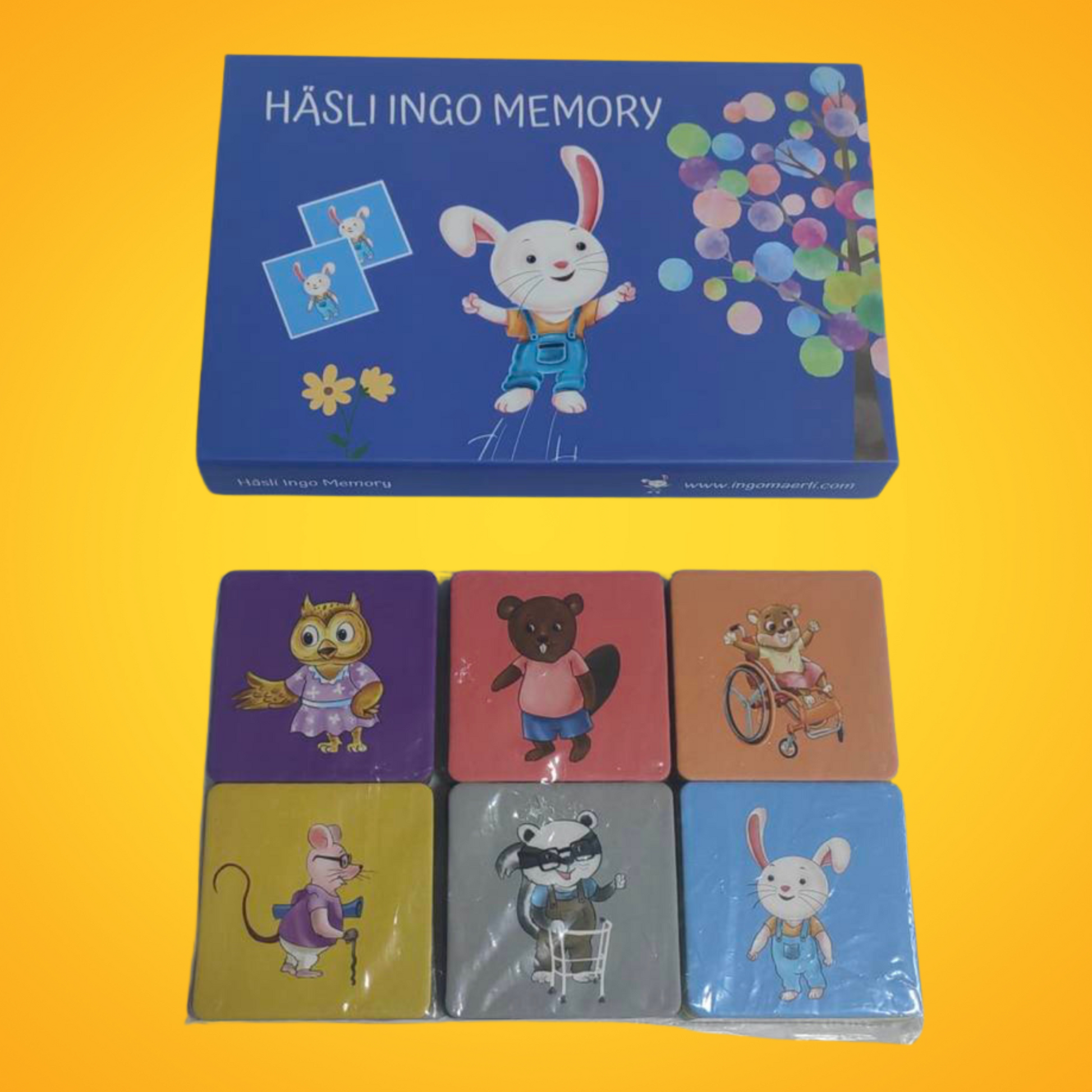 Häsli Ingo Memory Kartenspiel mit bunten Charakteren, inklusive Häsli Ingo, fördert das Gedächtnis von Kindern.