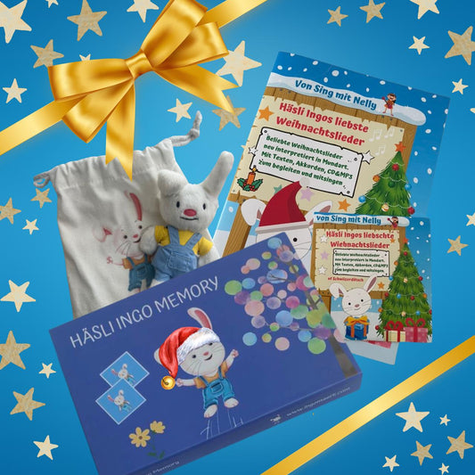 Haesli Ingo Weihnachts-Bundle mit Memory-Spiel, Kuscheltier, Liederbuch und CD – das perfekte Geschenk für kleine Haesli Ingo Fans zu Weihnachten